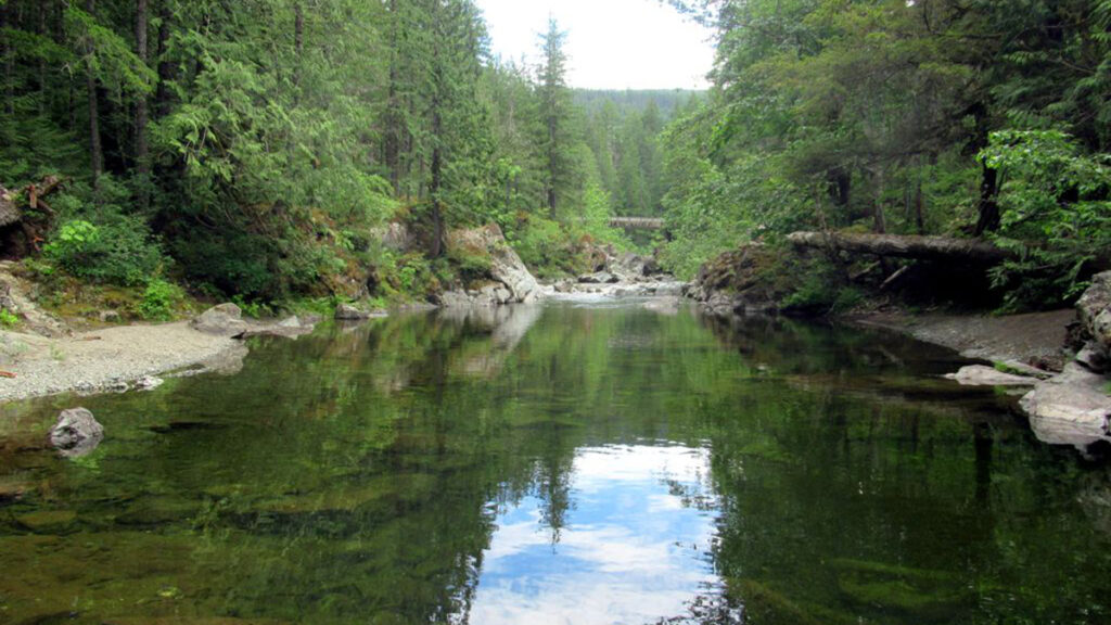 A small river bordered by rocky beaches and trees, which are also reflected in the river.