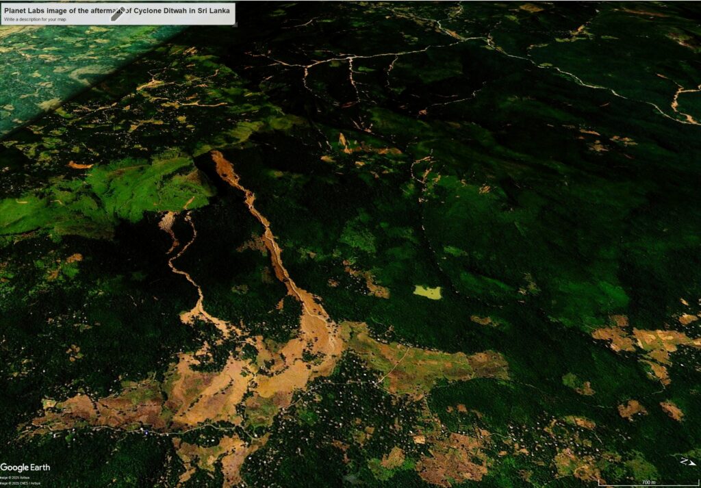 A satellite image of part the area affected by landslides triggered by Cyclone Ditwah in Sri Lanka. This image shows the aftermath of the event. Image copyright Planet Labs, used with permission, dated 30 November 2025.