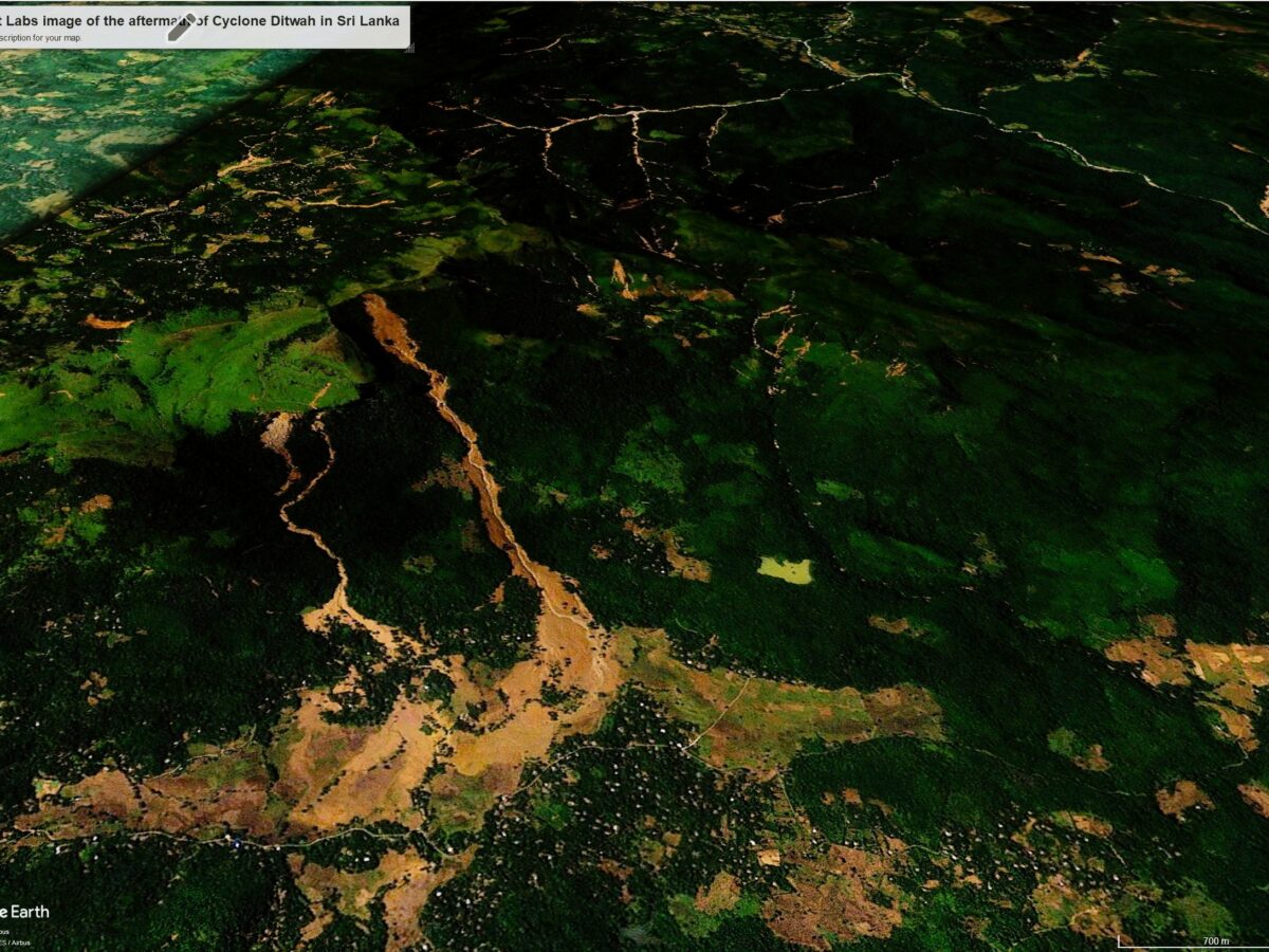 A satellite image of part the area affected by landslides triggered by Cyclone Ditwah in Sri Lanka. This image shows the aftermath of the event. Image copyright Planet Labs, used with permission, dated 30 November 2025.