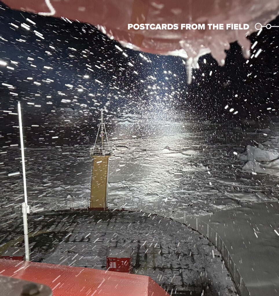 The photo shows the United Kingdom’s polar research vessel, RRS Sir David Attenborough, breaking through sea ice