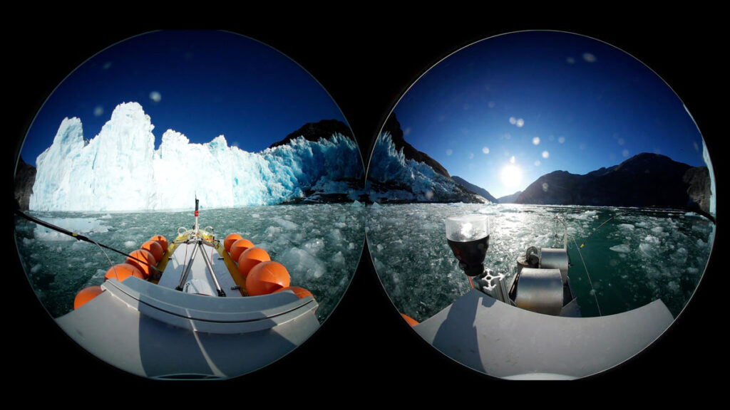 Two circular images show views from a kayak, one looking ahead and one looking behind. The image at left shows a glacier straight ahead, as well as the front of the kayak lined with orange flotation devices. The image at right shows the back of the boat and a clear trail of water through an area mostly covered with ice chunks.