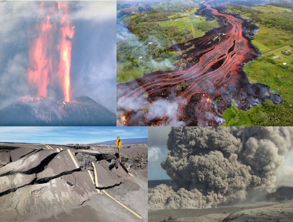Four-panel image showing, clockwise from top left, orange lava fountains erupting from a volcanic vent; aerial view of lava flowing across lush green landscape near a scattering of houses; a plume of gray tephra (ash) produced by an eruption; and a close-up view of a severely buckled and damaged road.