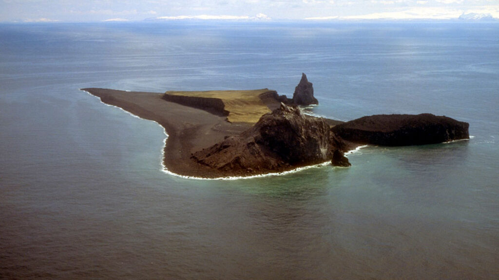 Aerial photograph of Bogoslof Island, the summit of the Bogoslof stratovolcano in the Bering Sea.