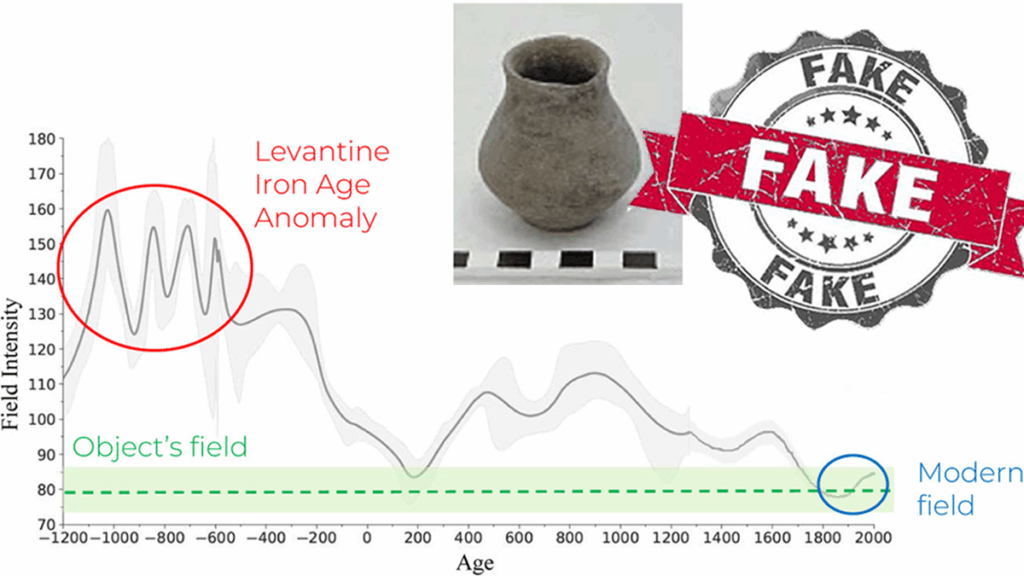 The upper left image shows a clay pot. The lower part of the image is a chart showing age on the x axis and field intensity on the y axis. From about 1050 BCE until 700 BCE, the field intensity is high and has four spikes. After that, it falls until it reaches a low at about 200 CE before rising slightly and falling again at about 1800 CE. The spiky high is circled and labeled “Levantine Iron Age Anomaly” in red. The low from about 1800 to 2000 CE is circled in blue and labeled “Modern field.” A green line of the field intensity of the pot intersects the modern field. In the upper right corner is a large “FAKE” stamp.
