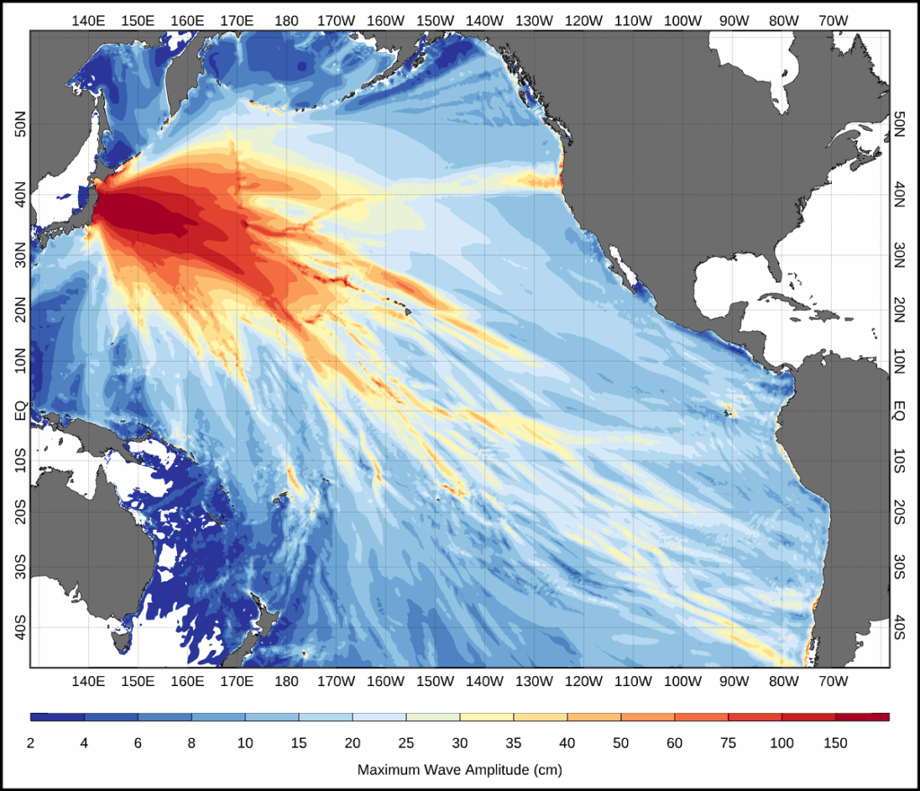 Map view image showing modeled maximum amplitudes of waves (on a blue-to-red color scale) propagating across the Pacific Ocean following a hypothetical magnitude 9.0 earthquake near Japan