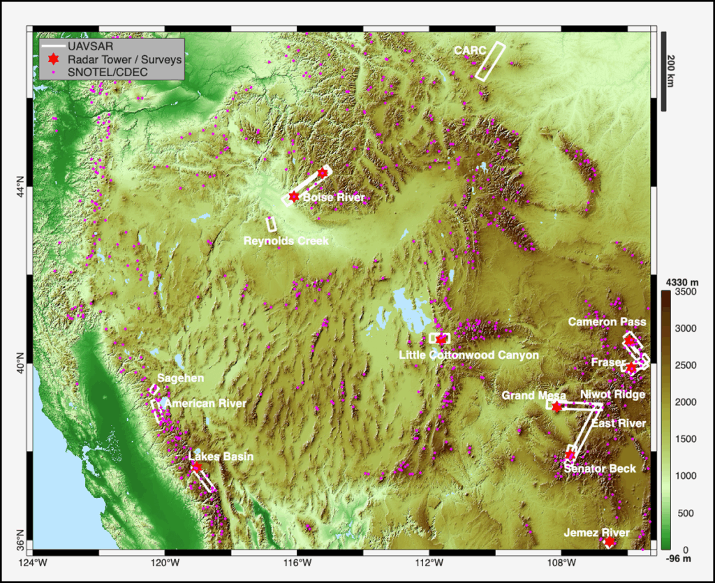 A topographic map of the western United States shaded in green to brown hues indicates data collection locations during NASA’s SnowEx campaigns in 2020 and 2021 with red markers, pink dots, and white boxes.