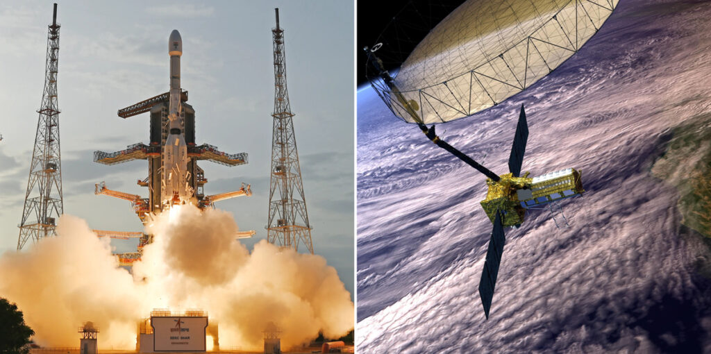 Two panels show a photograph from the ground of a large rocket creating large plumes of white smoke as it launches in front of a launch tower (left), and an artist’s illustration of a satellite orbiting in space above the ocean and the western coast of the United States.
