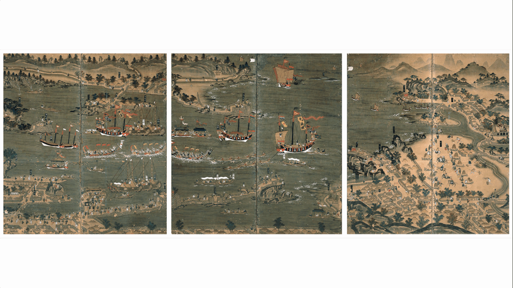 Three panels of a folding screen depicting a 19th century Ryukyuan ship in Naha, Okinawa