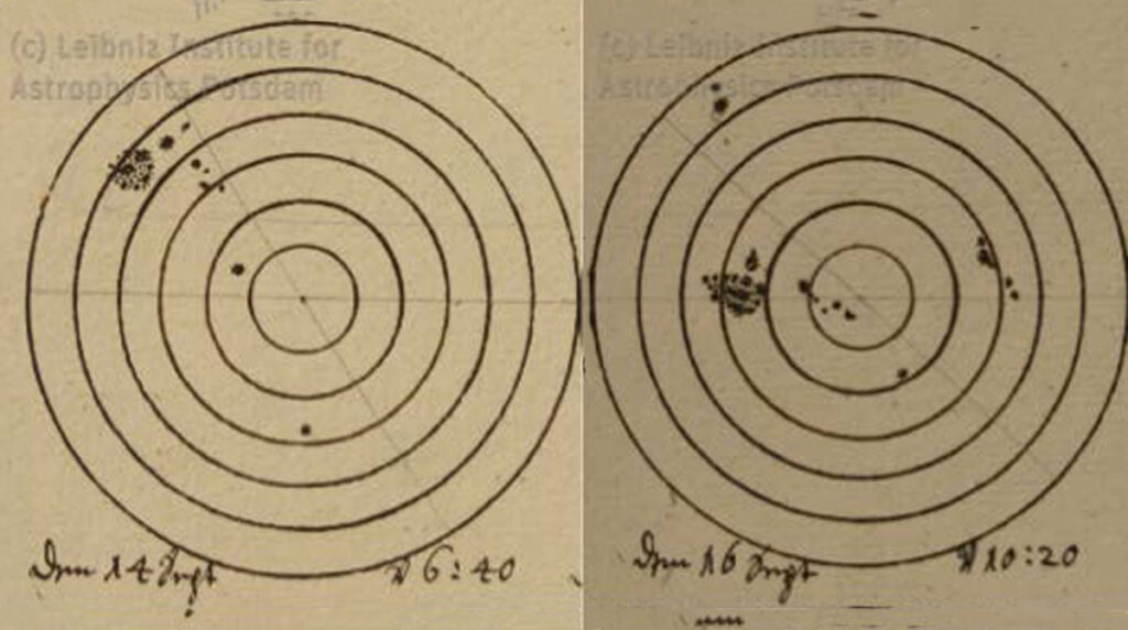 Side-by-side drawings with concentric circles representing the Sun. In each diagram, several dark spots or clusters of dark spots have been marked to denote sunspot locations. The sketches have a date and time written on them.