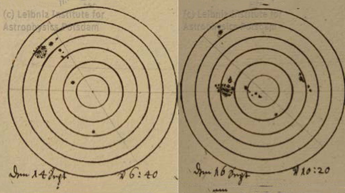 Side-by-side drawings with concentric circles representing the Sun. In each diagram, several dark spots or clusters of dark spots have been marked to denote sunspot locations. The sketches have a date and time written on them.