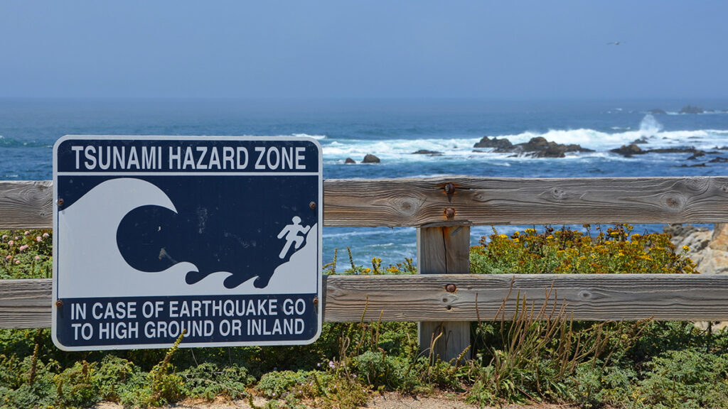 A blue and white sign depicting large waves approaching a shoreline as a stick figure person runs away is affixed to fencing near the shoreline. Waves crash against rocks in the background.