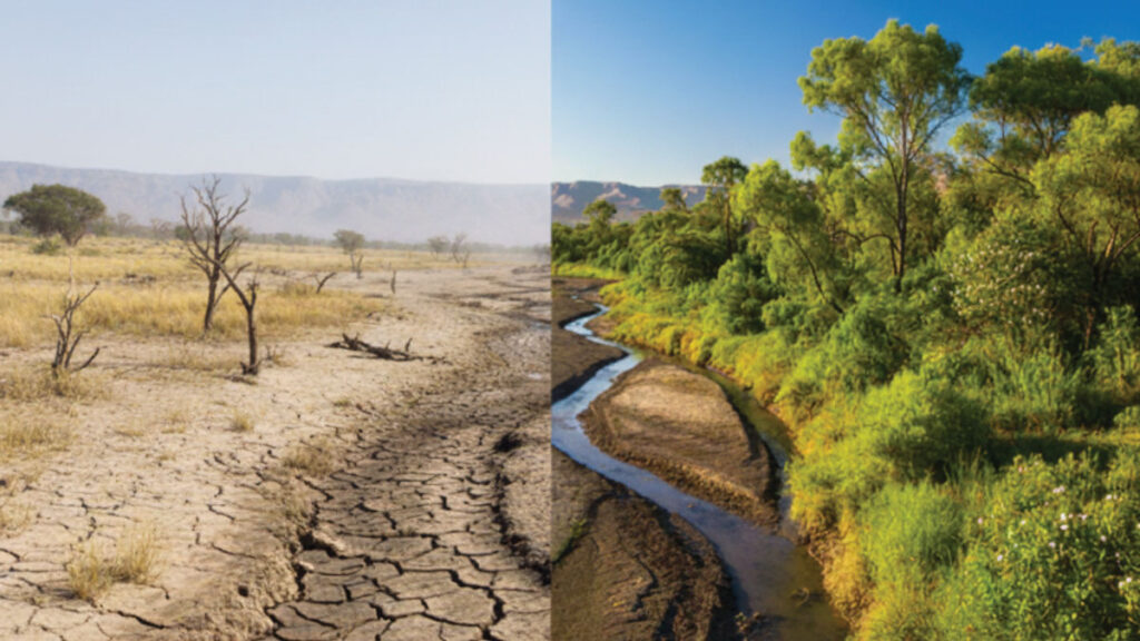 Two side-by-side images show a lake bed dried out (left) and with water and lush green trees (right).