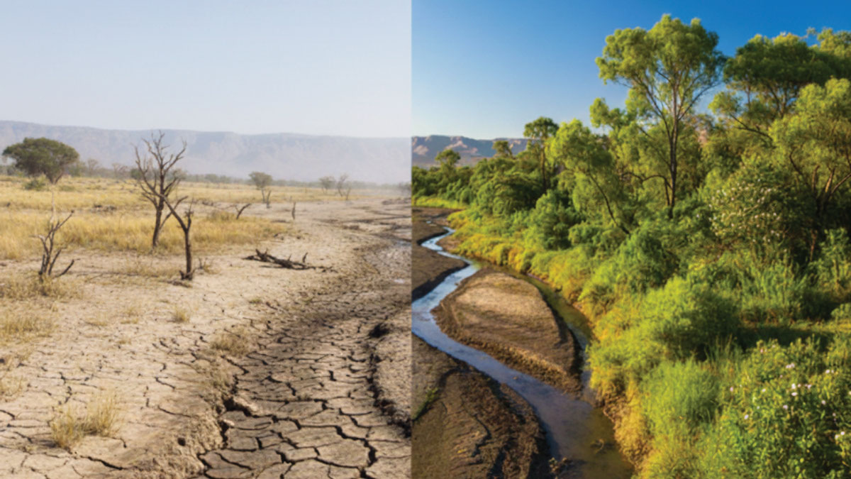Two side-by-side images show a lake bed dried out (left) and with water and lush green trees (right).