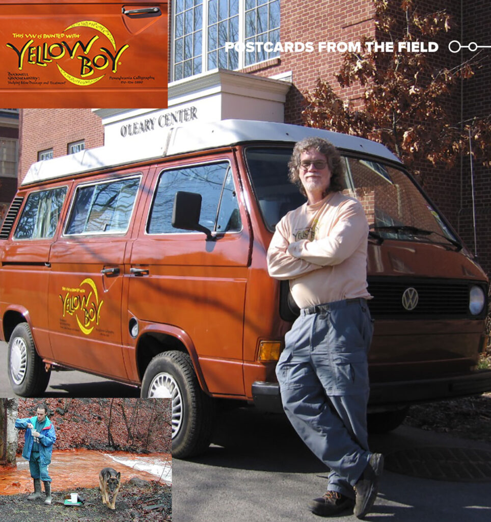 The main picture shows a 1982 VW Vanagon painted with yellow boy and clear coat. The top inset photo shows the yellow boy decal from the side of the van. The bottom inset picture shows Bernardo Castro-Tejada, a Bucknell exchange student from Spain, and “Harriet the Geochemistry Field Dog.”