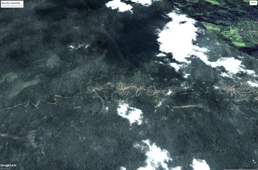 Google Earth image of the site of the 14 January 2026 landslide at Burutsi in the DRC.
