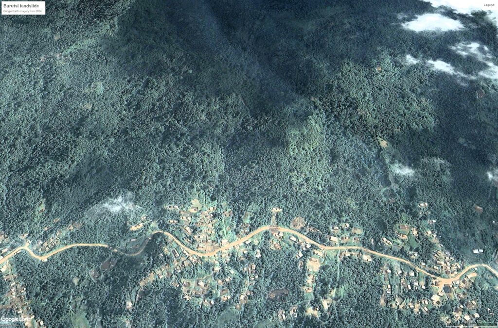 Google Earth image of the site of the 14 January 2026 landslide at Burutsi in the DRC. Image captured on 8 January 2024.