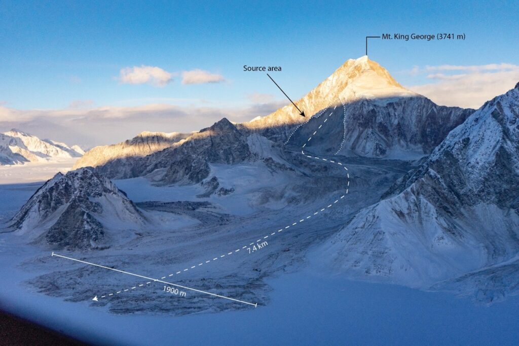 Source area and runout of the largest (9 square km) landslide triggered by the Mw=7.0 earthquake on the southwest ridge of Mt King George. 