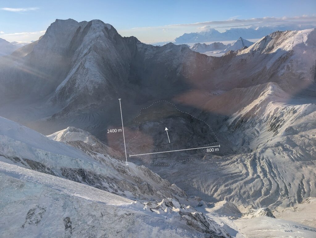 Partial collapse of a glacier between Mt King George and Mt Queen Mary. The length of the failure is approximately 2.4 km.
