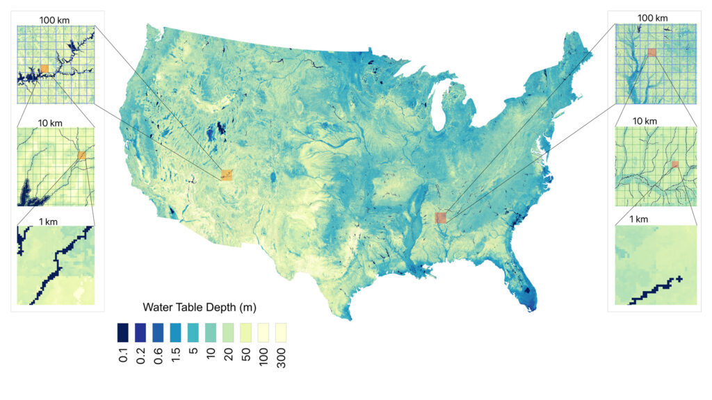 A map of the contiguous United States shows the depth of the water table in different areas.