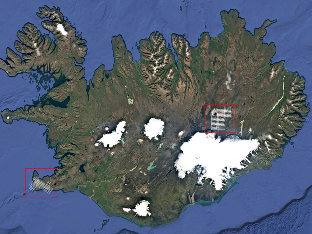 A satellite view map of Iceland annotated with red boxes denoting the locations of sites studied during the VERITAS field campaign, as well as white lines representing flight lines flown by an aircraft collecting synthetic aperture radar data.