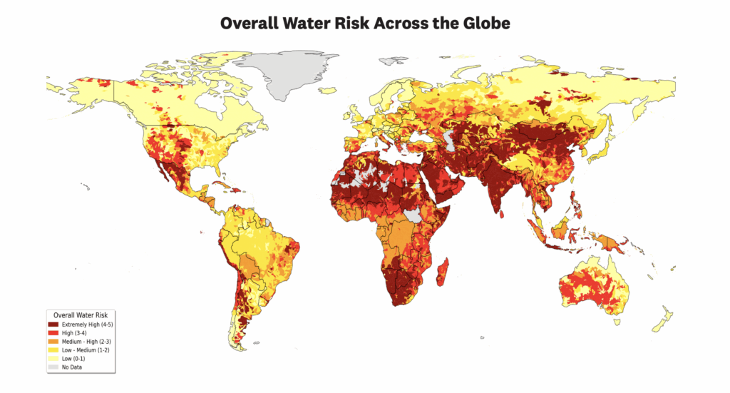 A map of the world shows where overall water risk, reflecting the value of physical water quantity,
water quality, and regulatory and reputational risks, is highest and lowest. The highest risk occurs in North Africa, the Middle East, and Central Asia.