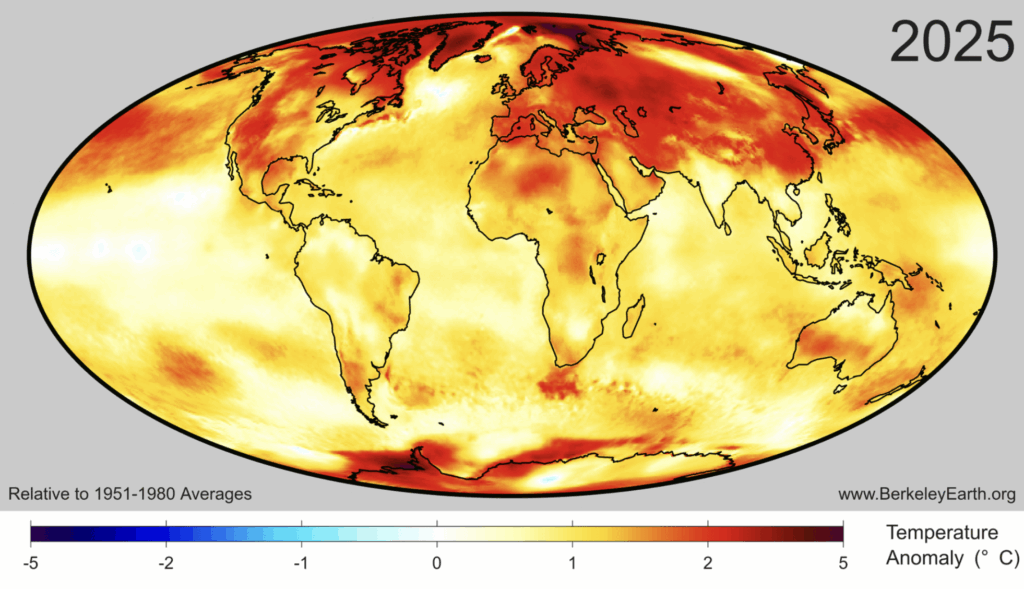 A map of the world shows the average temperature anomaly in 2025 relative to 1951–1980 averages.