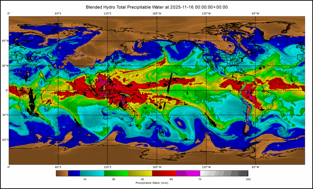 Rectangular map projection of Earth displaying total precipitable water data using a multicolor scale.