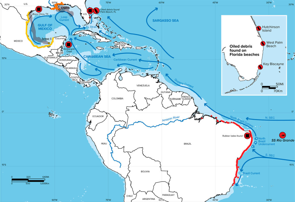 A map of the Caribbean sea and surrounding continents shows the locations where oiled debris was spotted. Three notable oil spills and prominent currents in the region are also noted on the map.