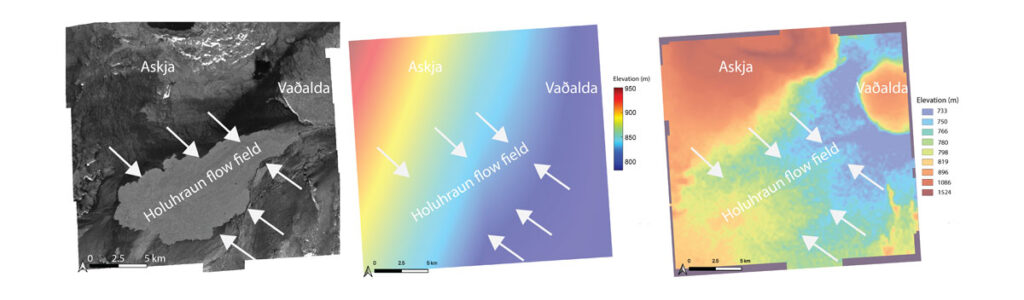Three-panel figure showing a black and white radar map view image (left) above two Icelandic lava fields along with digital elevation models (DEM) produced with SAR topographic data--shaded by elevation with rainbow color scales--at resolutions simulating those of Magellan radar altimeter data (center) and VERITAS radar altimeter data (right).
