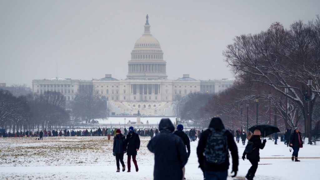 The U.S. Capitol Building in a winter snowstorm