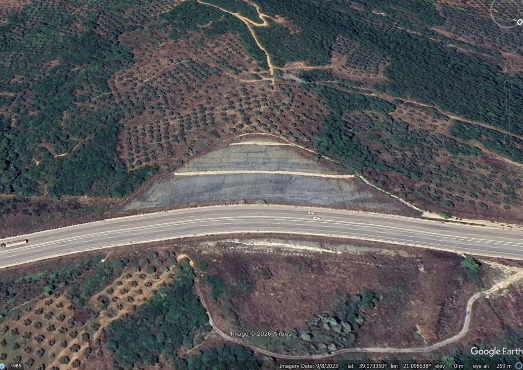 Google Earth image showing the site of the 2 February 2026 landslide on the Ionian motorway in Greece.