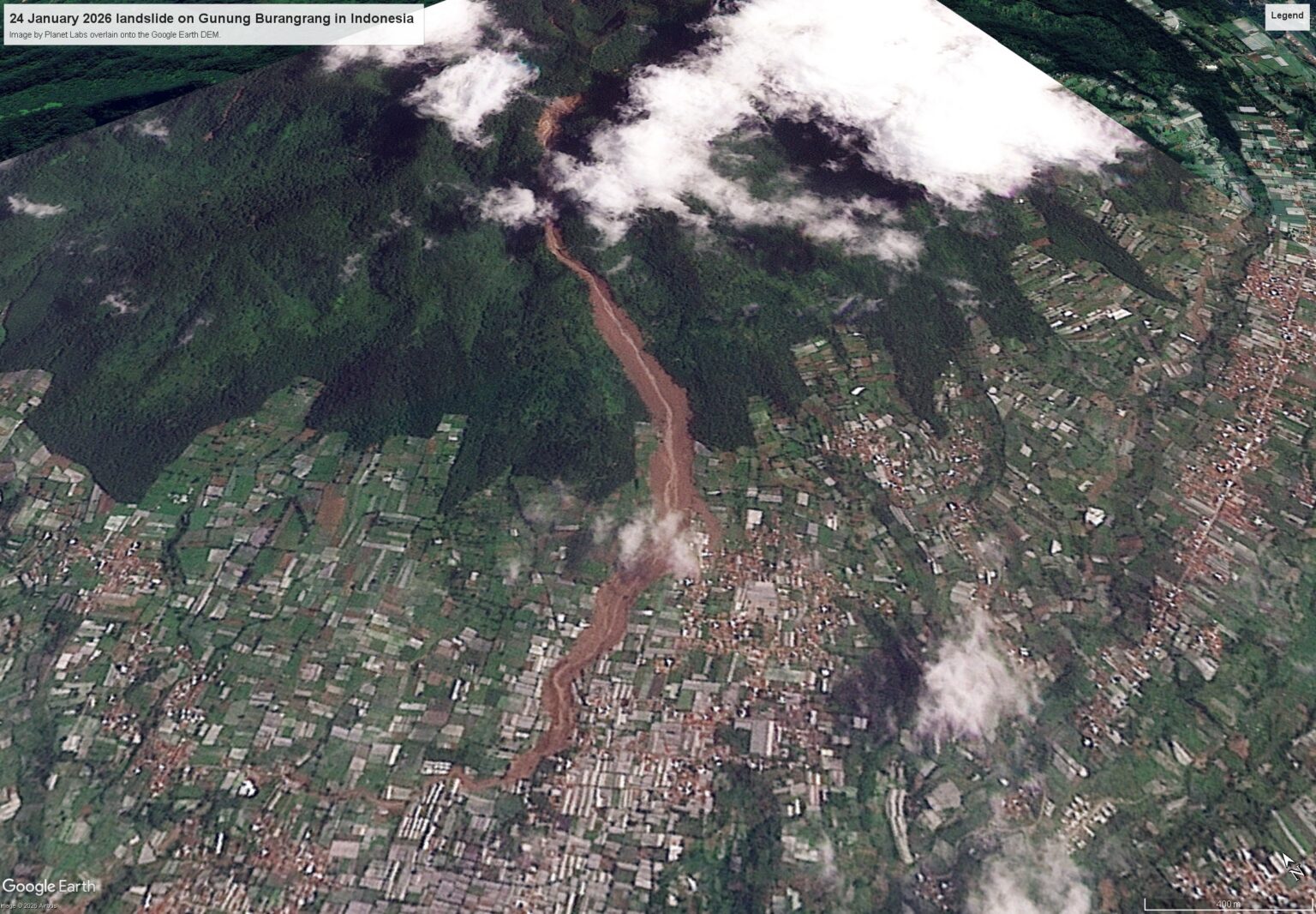 Satellite imagery of the 24 January 2026 Burangrang landslide.