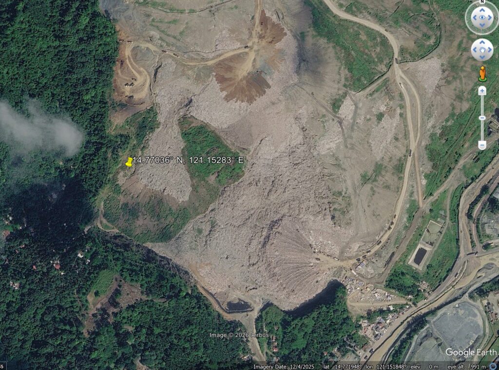 Google Earth image of the likely site of the 20 February 2026 garbage landslide at Rodriguez in the Philippines.