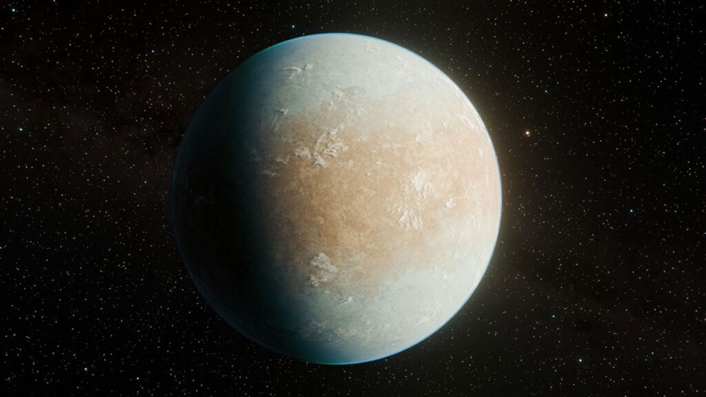An artist’s concept of exoplanet candidate HD 137010 b, a pale blue and orange planet against a backdrop of stars.