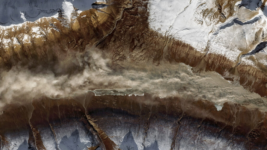 A Sentinel-2 satellite image shows a dust storm over the Greenland Ice Sheet.