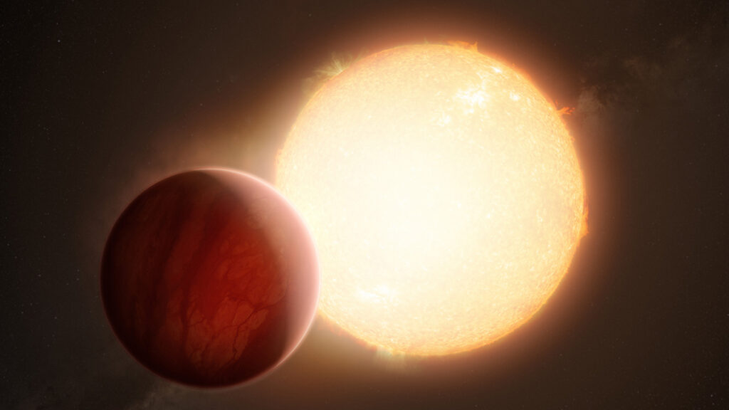 Digital painting of a glowing red-hot planet close to a yellow star