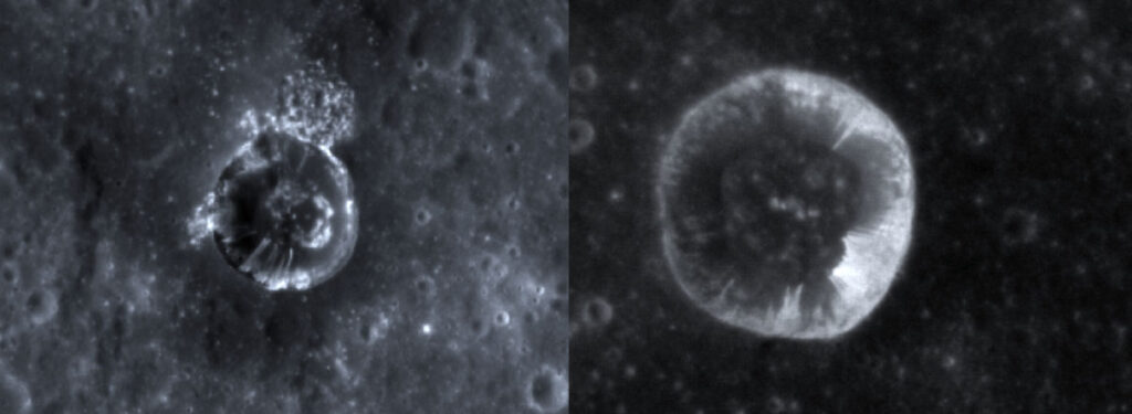 Side-by-side images of craters on Mercury that have streaks coming down from the crater rims.