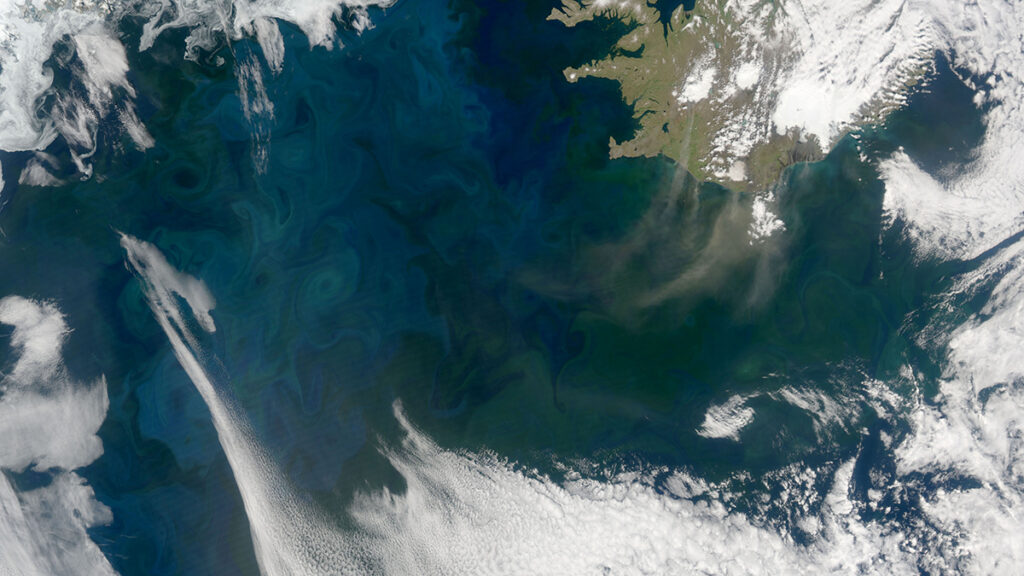 Swirls of blue and green are seen in a satellite image of the ocean. On the edges of the image are green areas of land, white areas of ice, and white clouds.