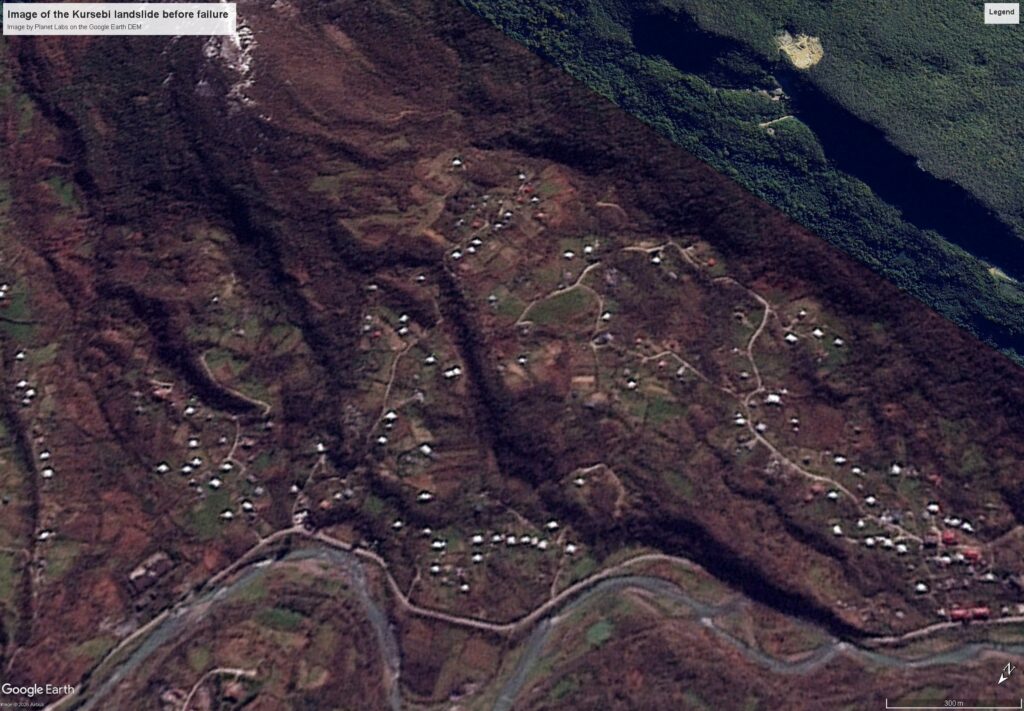 Satellite image, draped onto the Google Earth DEM, of the site of the 12 March 2026 Kursebi landslide in Georgia. Image copyright Planet Labs, used with permission, collected on 10 March 2026.
