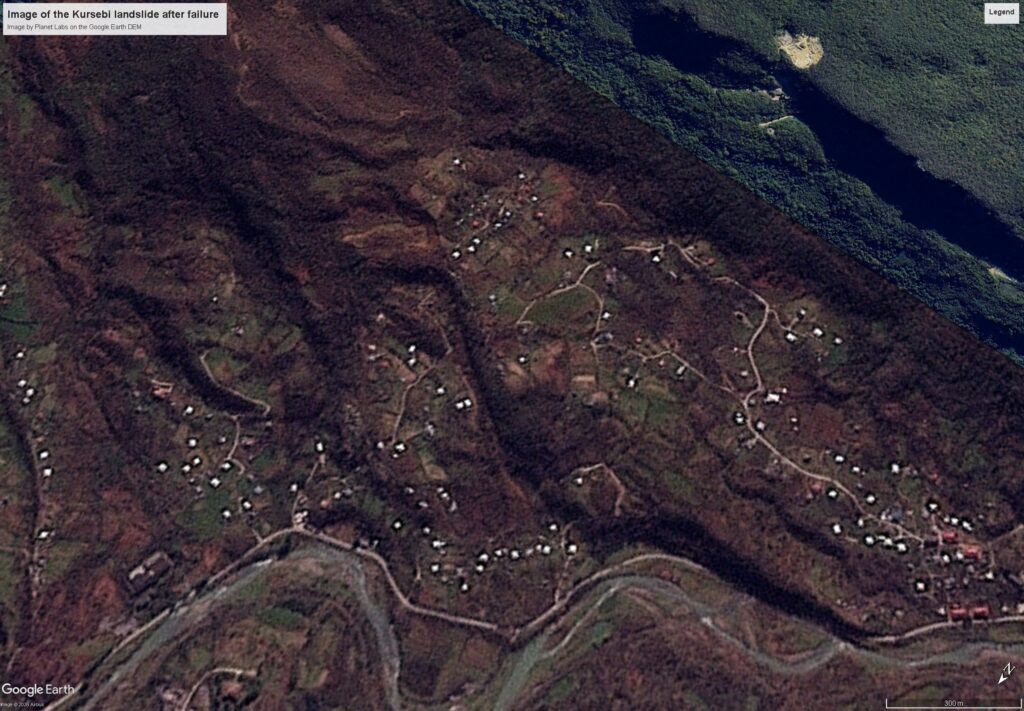 Satellite image, draped onto the Google Earth DEM, of the aftermath of the 12 March 2026 Kursebi landslide in Georgia. Image copyright Planet Labs, used with permission, collected on 18 March 2026.