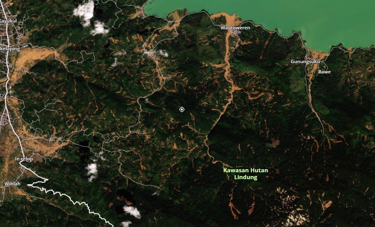 Landslides on the southern side of Lake Takengon in Sumatra triggered by the November 2025 rains. Image copyright Planet Labs, used with permission, collected on 30 November 2025.