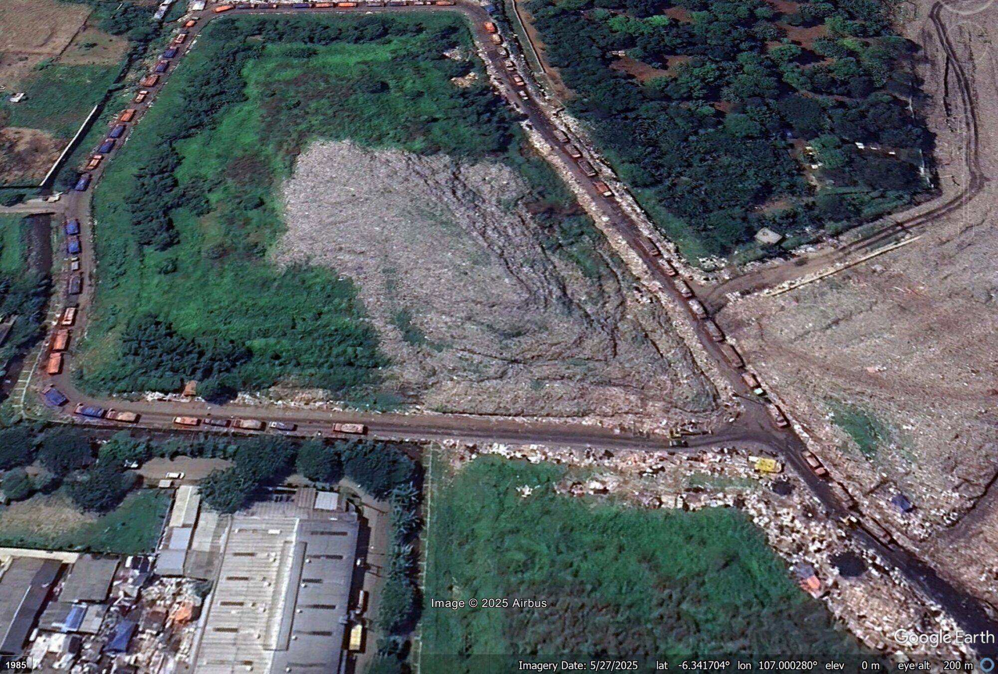 Google Earth image of the site of the 8 March 2026 garbage landslide at the Bantar Gebang Integrated Waste Processing Site in Bekasi, Indonesia.