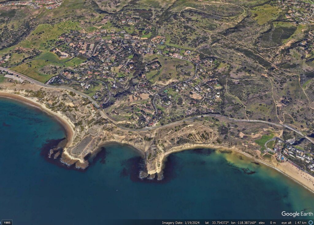 Google Earth image of the Portuguese Bend Landslide Complex in Rancho Palos Verdes, California.