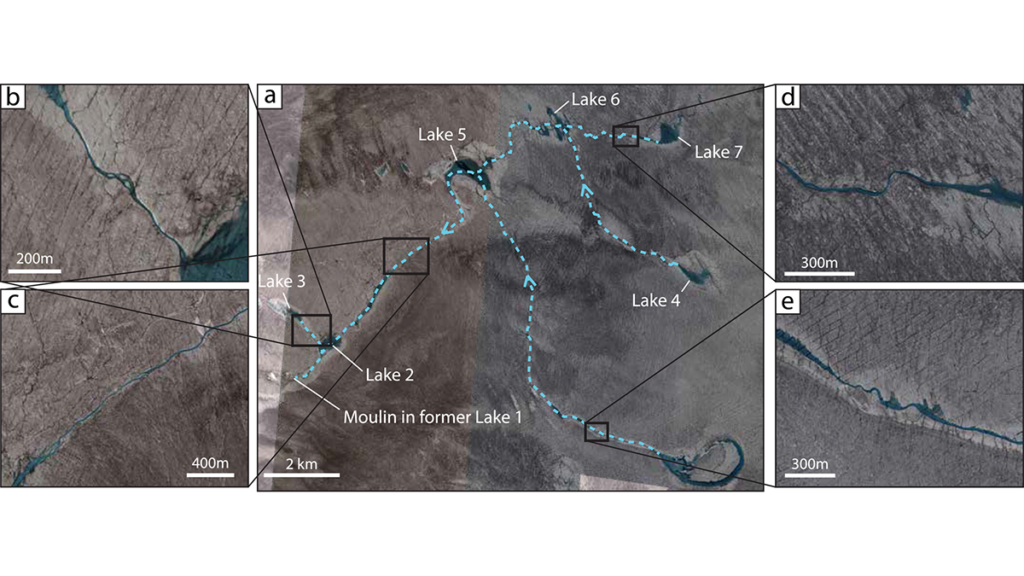 Satellite images of supraglacial rivers.