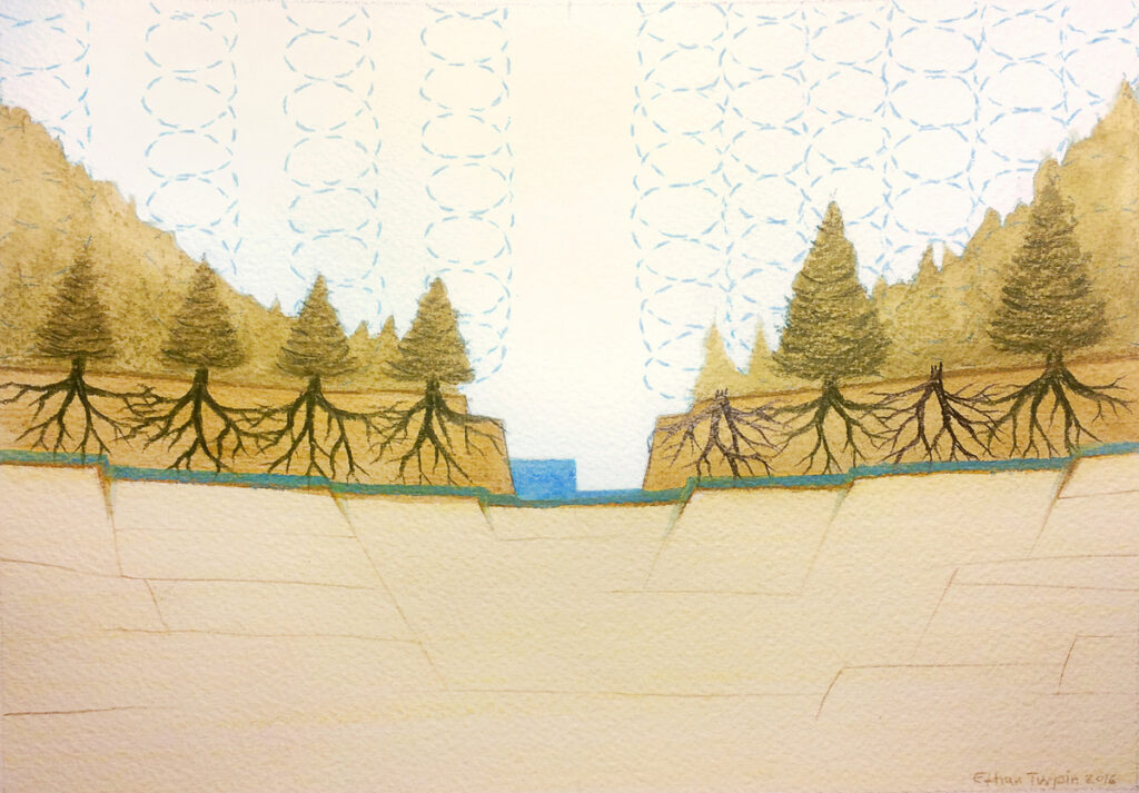Photograph of a watercolor painting depicting a cross-section of a landscape of trees and tree roots on either side of a stream. Groundwater and bedrock below the trees are also depicted, as are spiraling dashed lines rising into the sky above the trees.