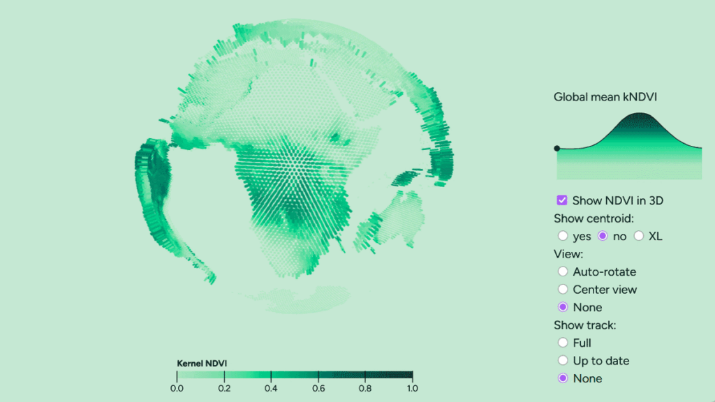 An animated illustration shows a visualization of greenery moving across a simplified model of Earth with the seasons.