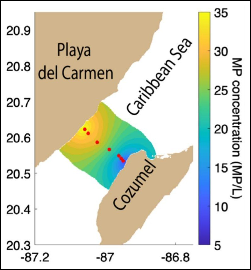 Map showing simplified representations of Cozumel Island and mainland Mexico in beige. Between the two landmasses, data on microplastic concentrations in the surface seawater are represented on a color scale from deep blue (low concentration) to green to bright yellow (high concentration).
