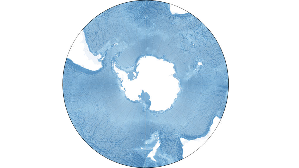 A circular map centered around Antarctica shows the Southern Ocean surrounding the continent.