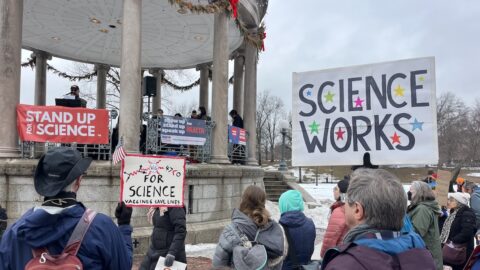 A crowd gathers in front of a gazebo at a rally. Signs held by rally-goers read “Vote for science, vaccines save lives” and “Science works.”