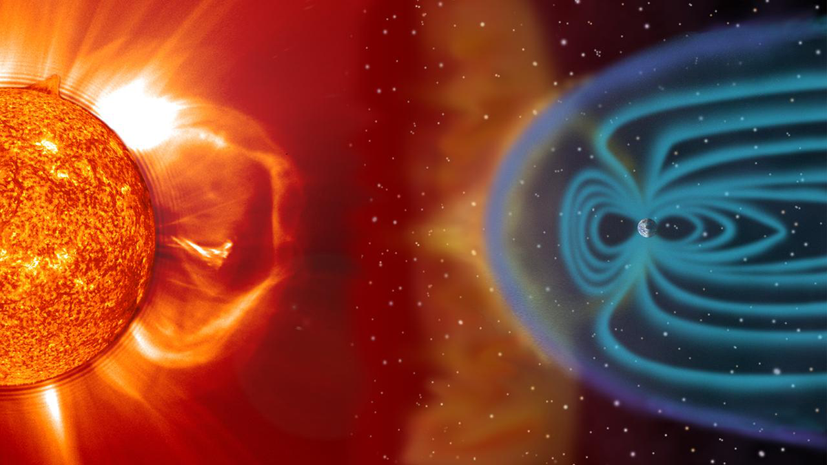 Illustration of the Sun and Earth's magnetosphere.